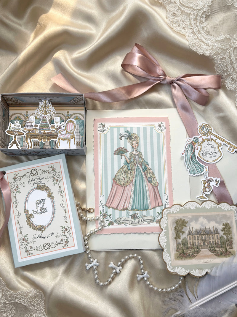 Château-themed collectible artwork, tags, miniature room craft, and decorative paper goods from the From the Chateau Mail Club