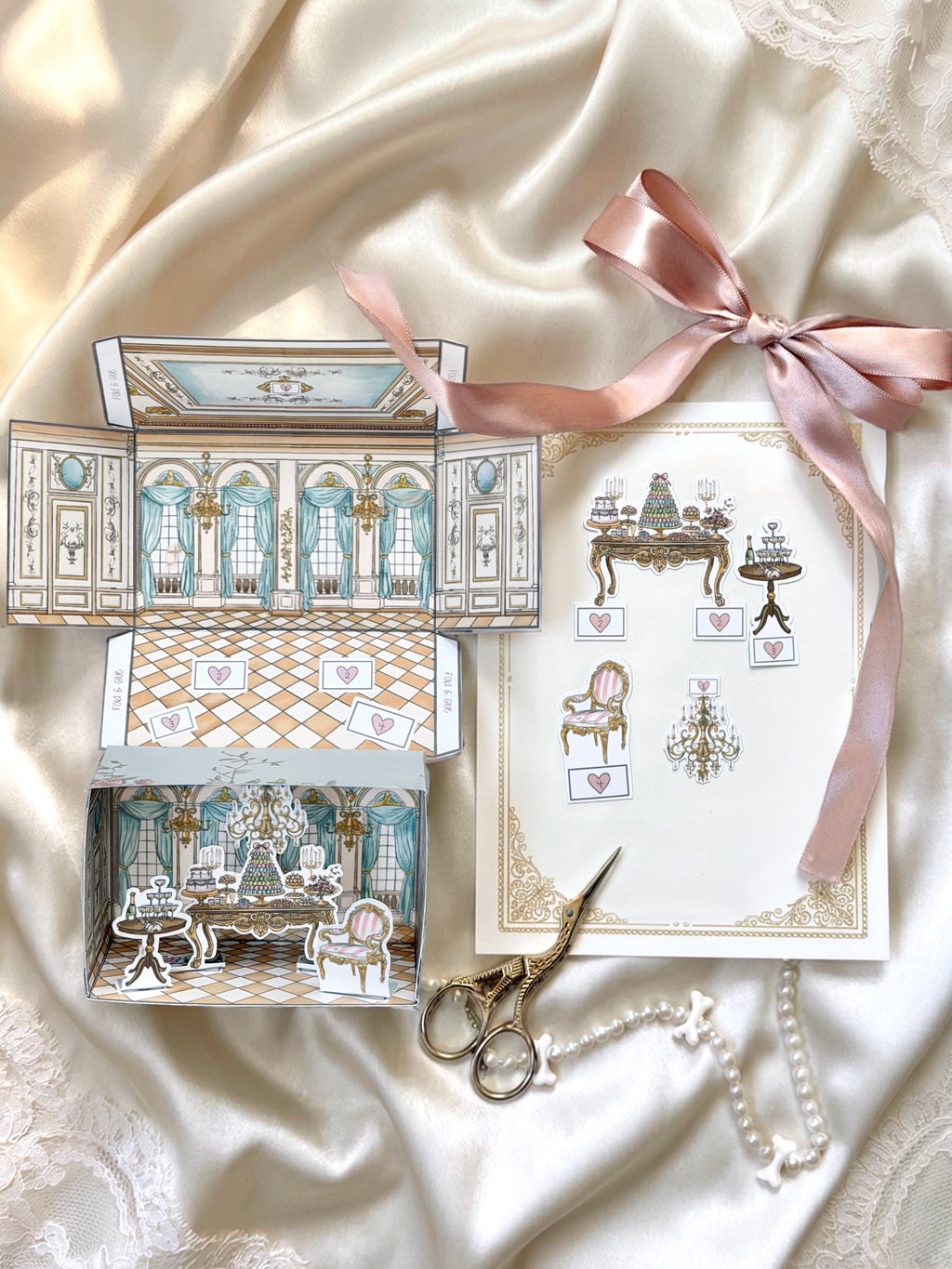 DIY château room paper craft kit with miniature furniture pieces and illustrated ballroom interior