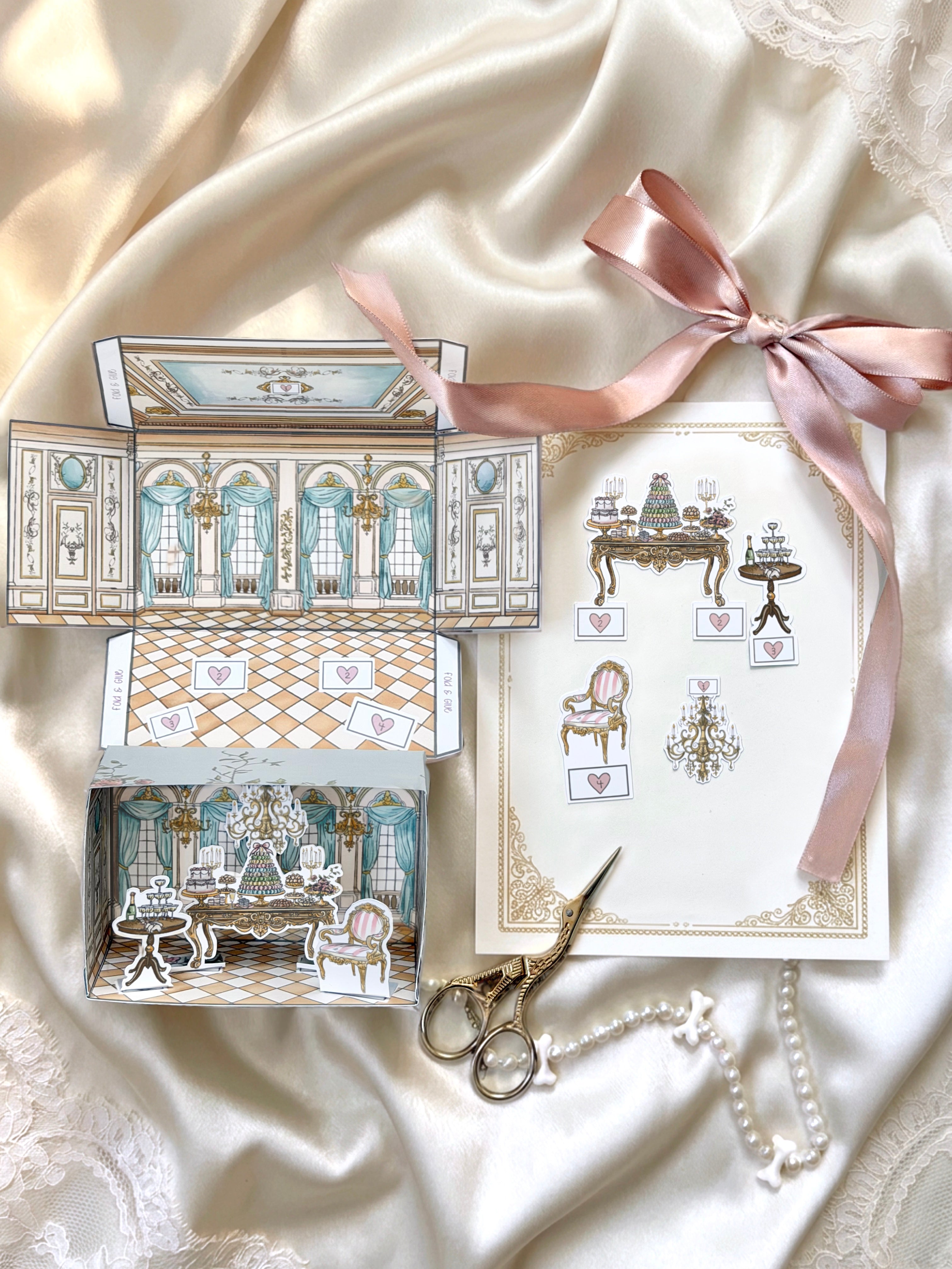 DIY château room paper craft kit with miniature furniture pieces and illustrated ballroom interior